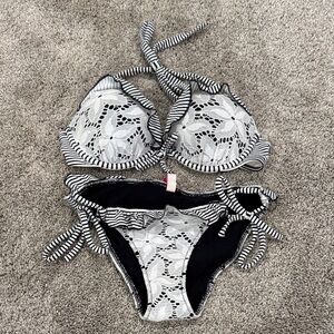 Victoria's Secret Black and White Lace Stripe Halter Bikini